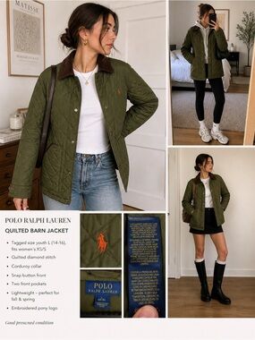 Polo Ralph Lauren Quilted Barn Jacket Olive Green Corduroy Collar Women’s XS/S